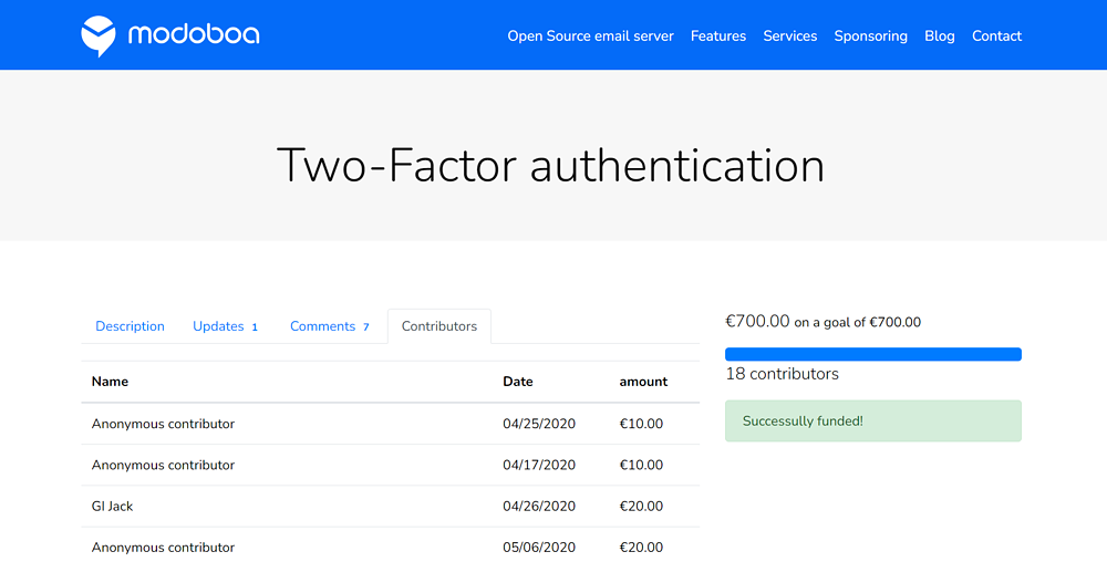 Modoboa two-factor authentication funding